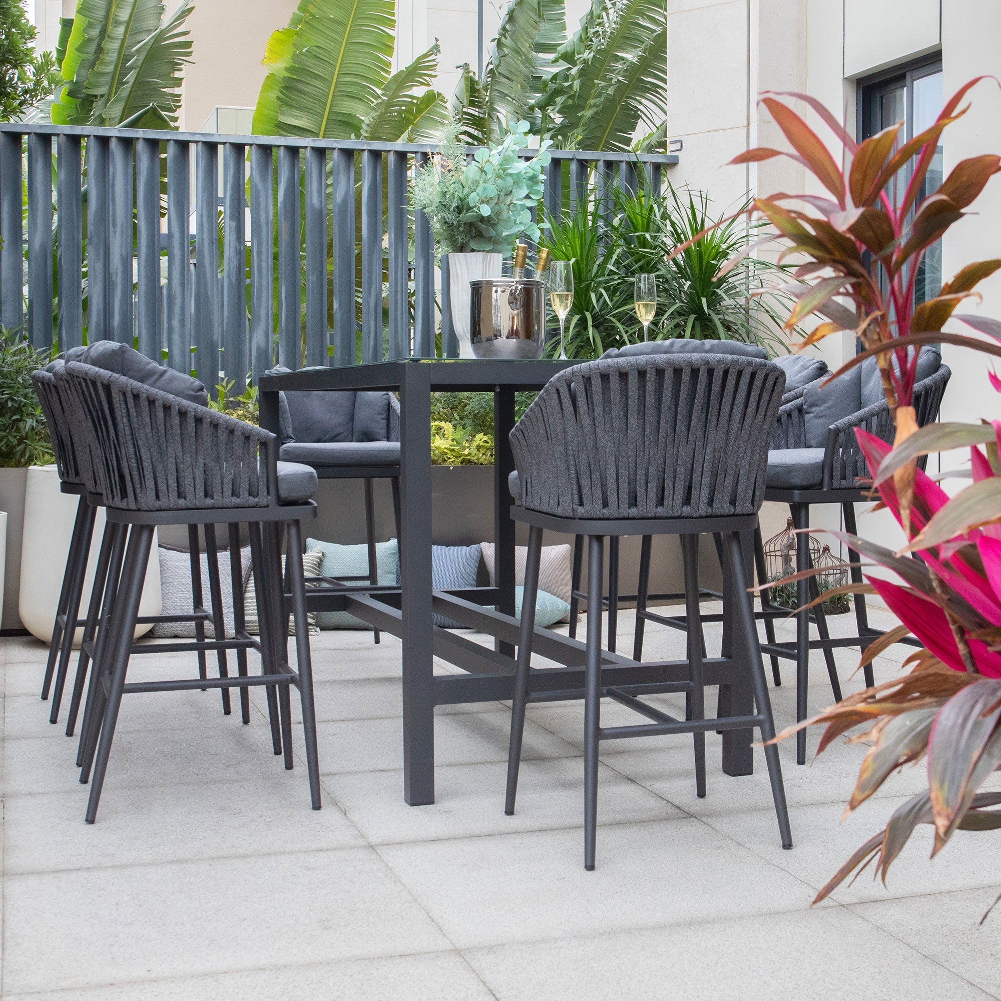 Monterrey 8 Seat Rope Bar Set with Ceramic Table in Grey