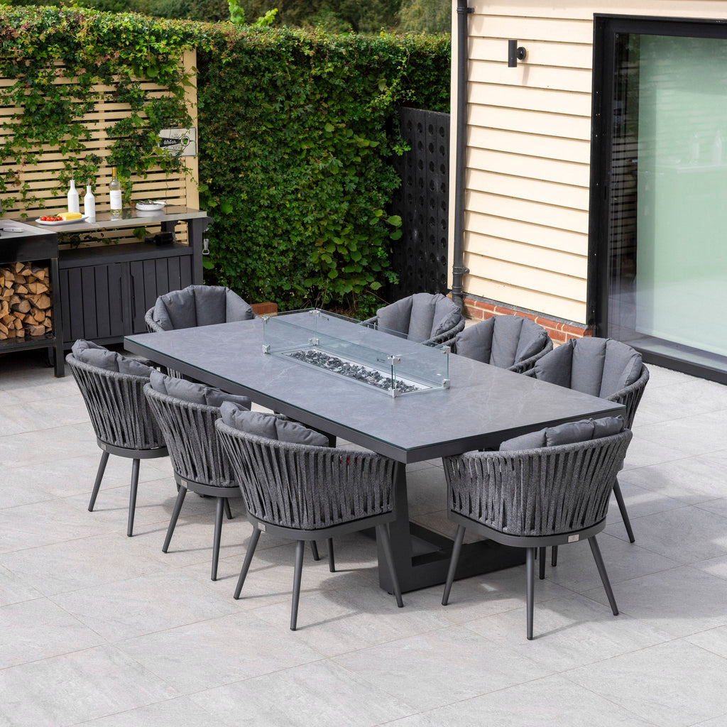 Monterrey 8 Seat Rope Rectangular Ceramic Firepit Dining Set in Grey