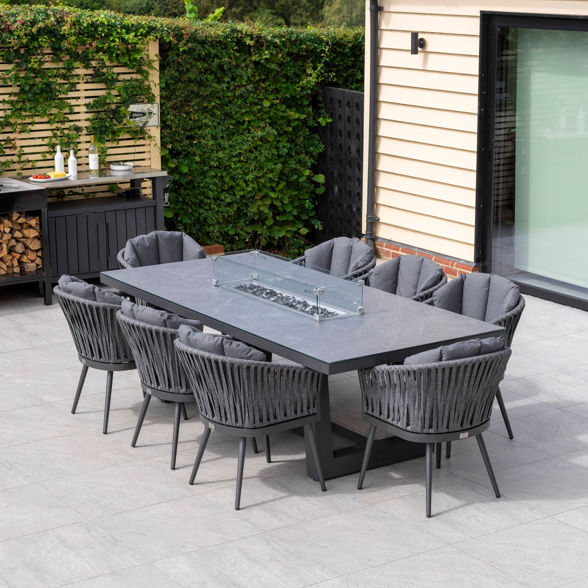 Monterrey 8 Seat Rope Rectangular Ceramic Firepit Dining Set in Grey