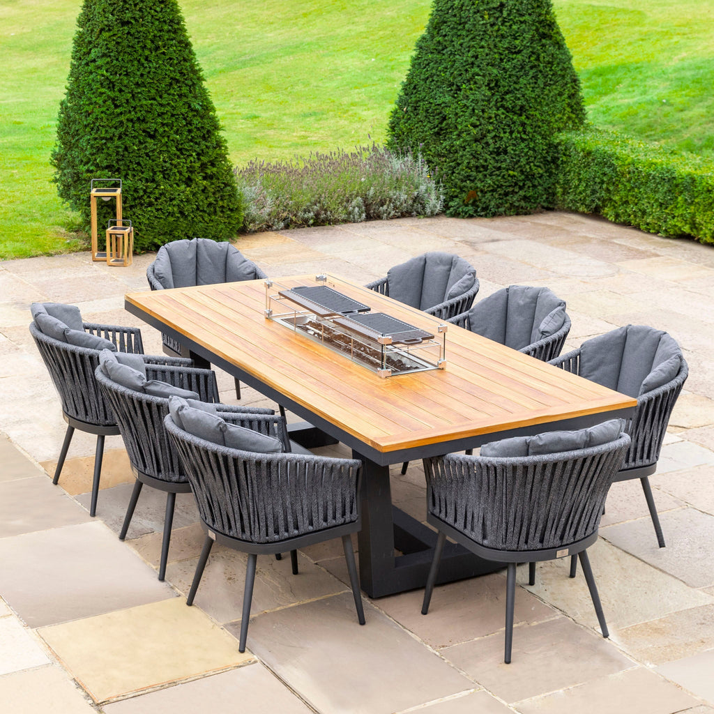 Monterrey 8 Seat Rope Rectangular Teak Firepit Dining Set in Grey