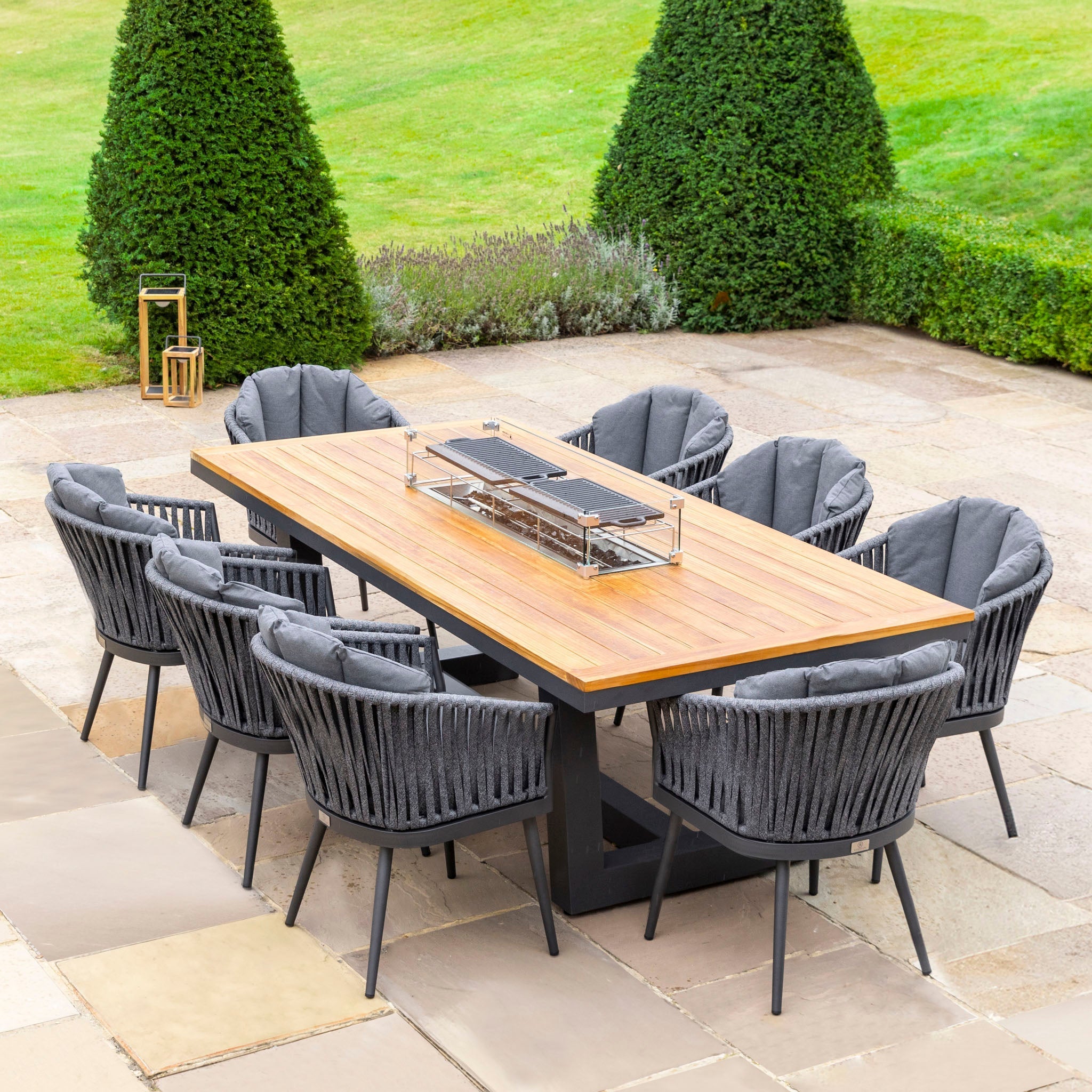 Monterrey 8 Seat Rope Rectangular Teak Firepit Dining Set in Grey
