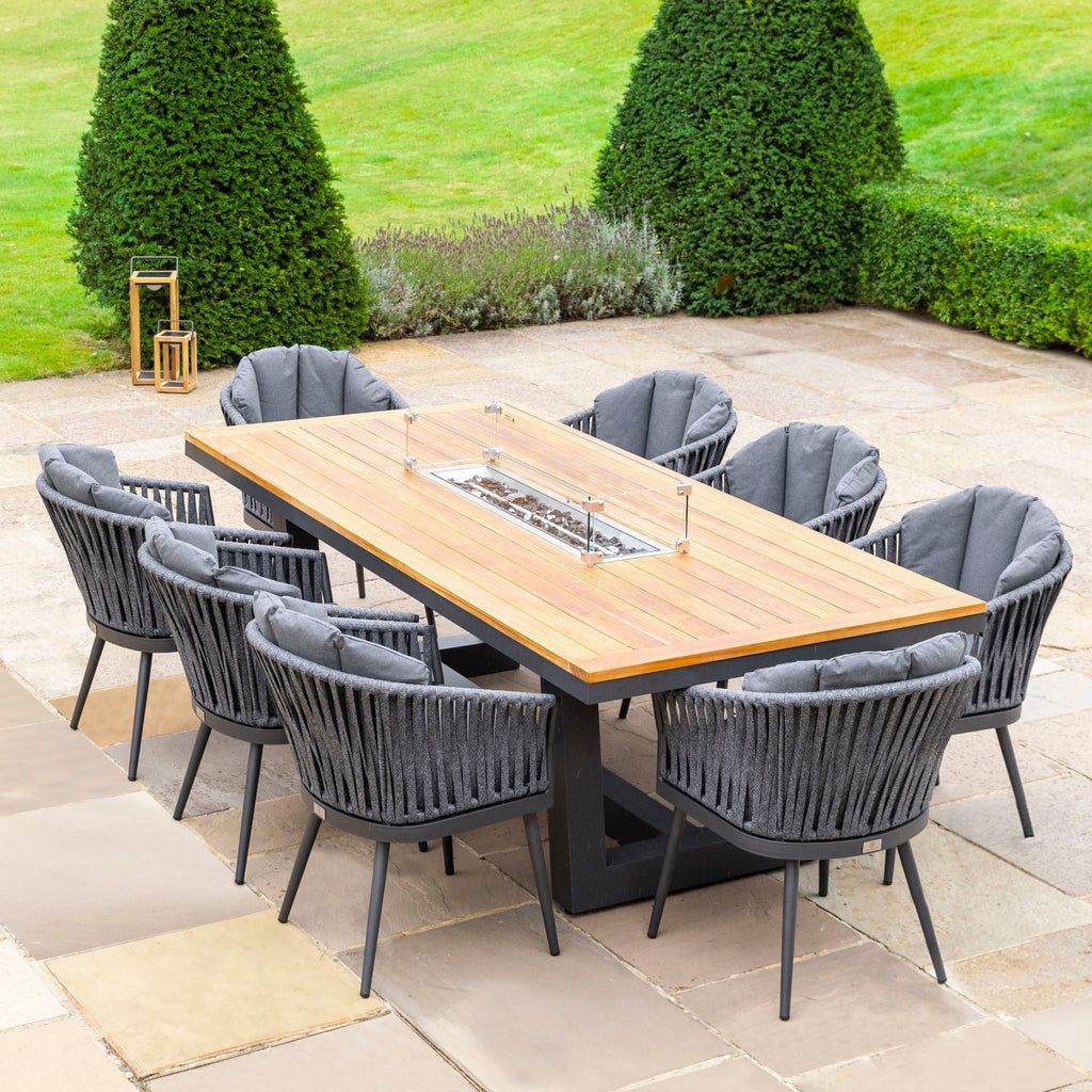 Monterrey 8 Seat Rope Rectangular Teak Firepit Dining Set in Grey