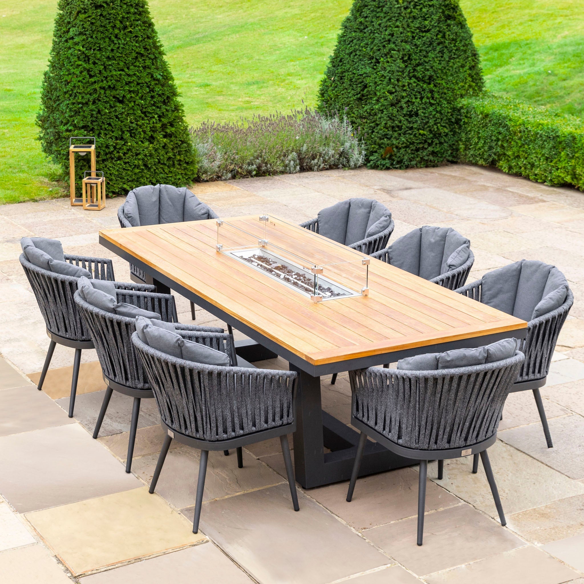 Monterrey 8 Seat Rope Rectangular Teak Firepit Dining Set in Grey