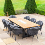 Monterrey 8 Seat Rope Rectangular Teak Firepit Dining Set in Grey