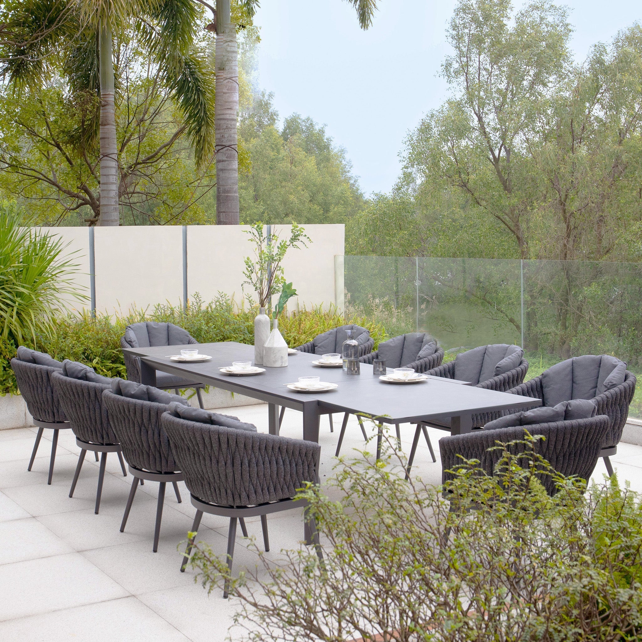Palma 10 Seat Rope Extending Dining Set in Grey