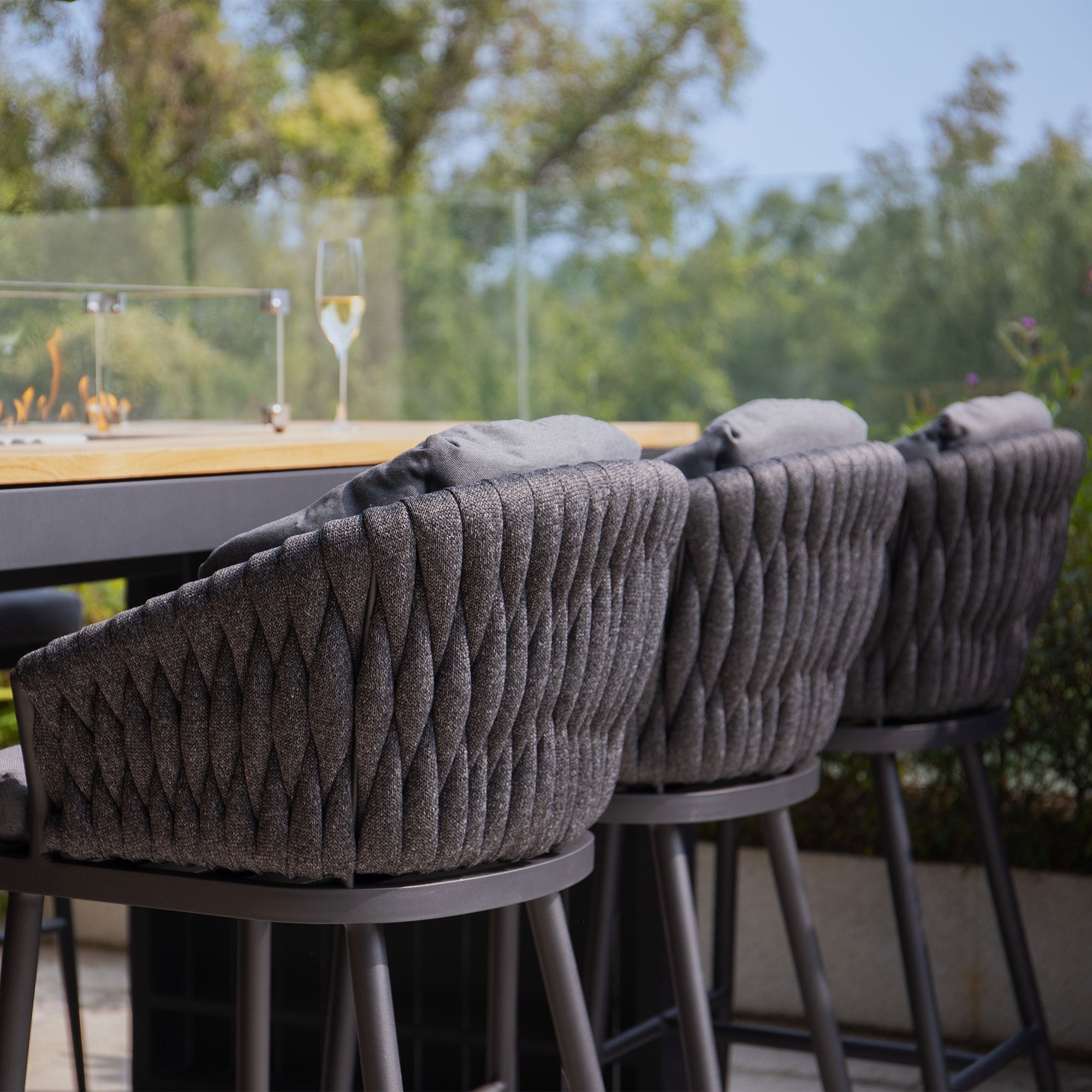 Palma 6 Seat Rope Teak Firepit Bar Set in Grey
