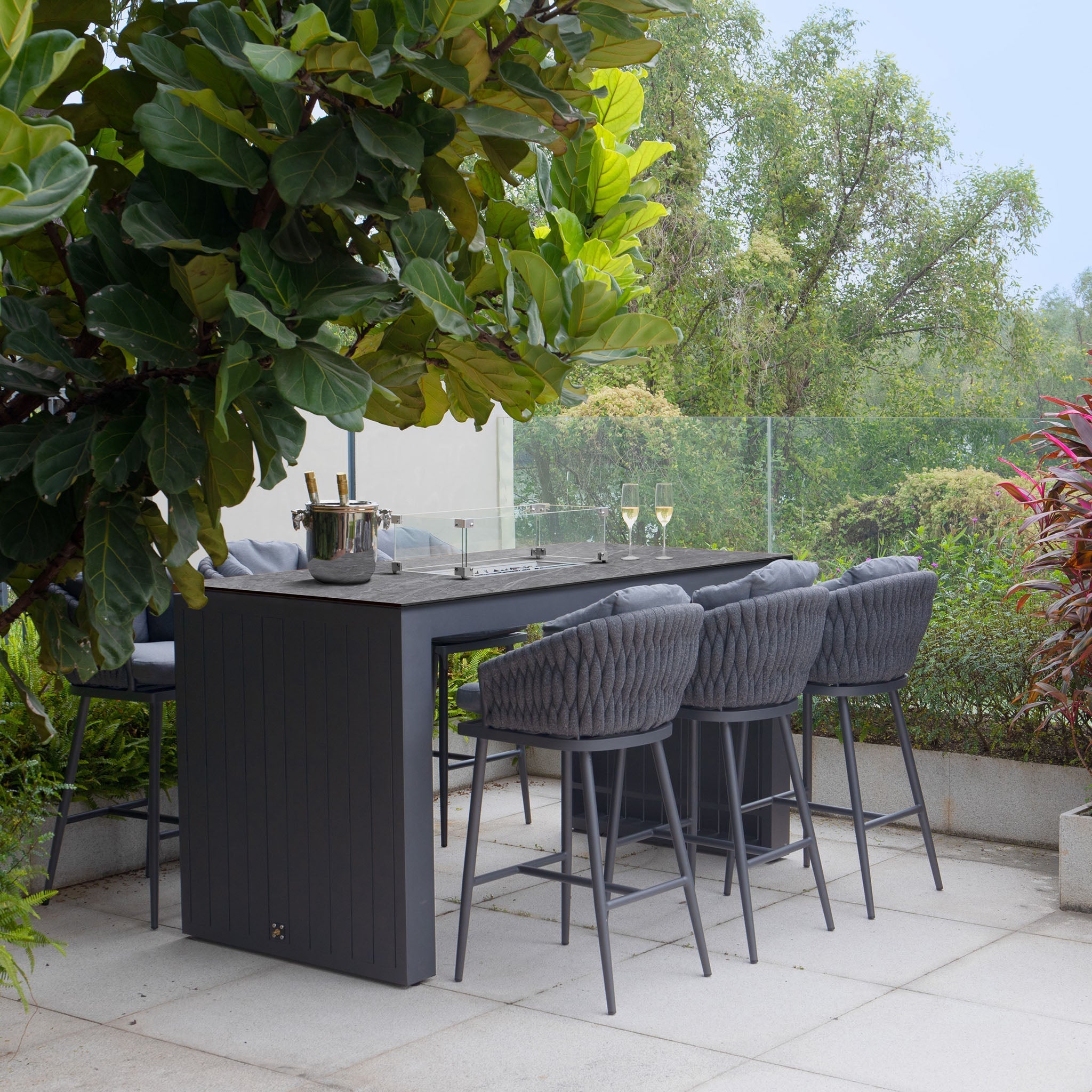 Palma 6 Seat Rope Ceramic Firepit Bar Set in Grey