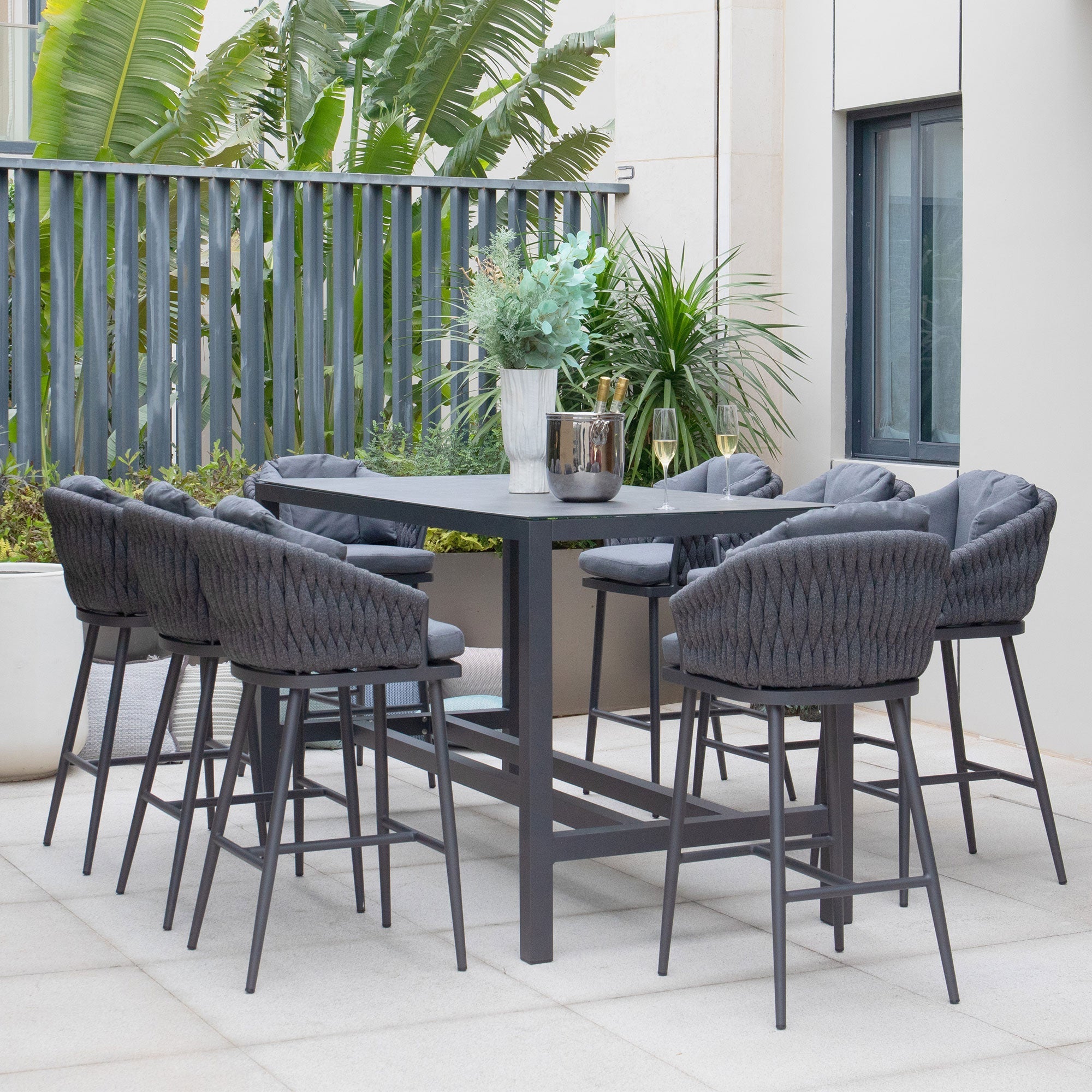 Palma 8 Seat Rope Bar Set with Ceramic Table in Grey