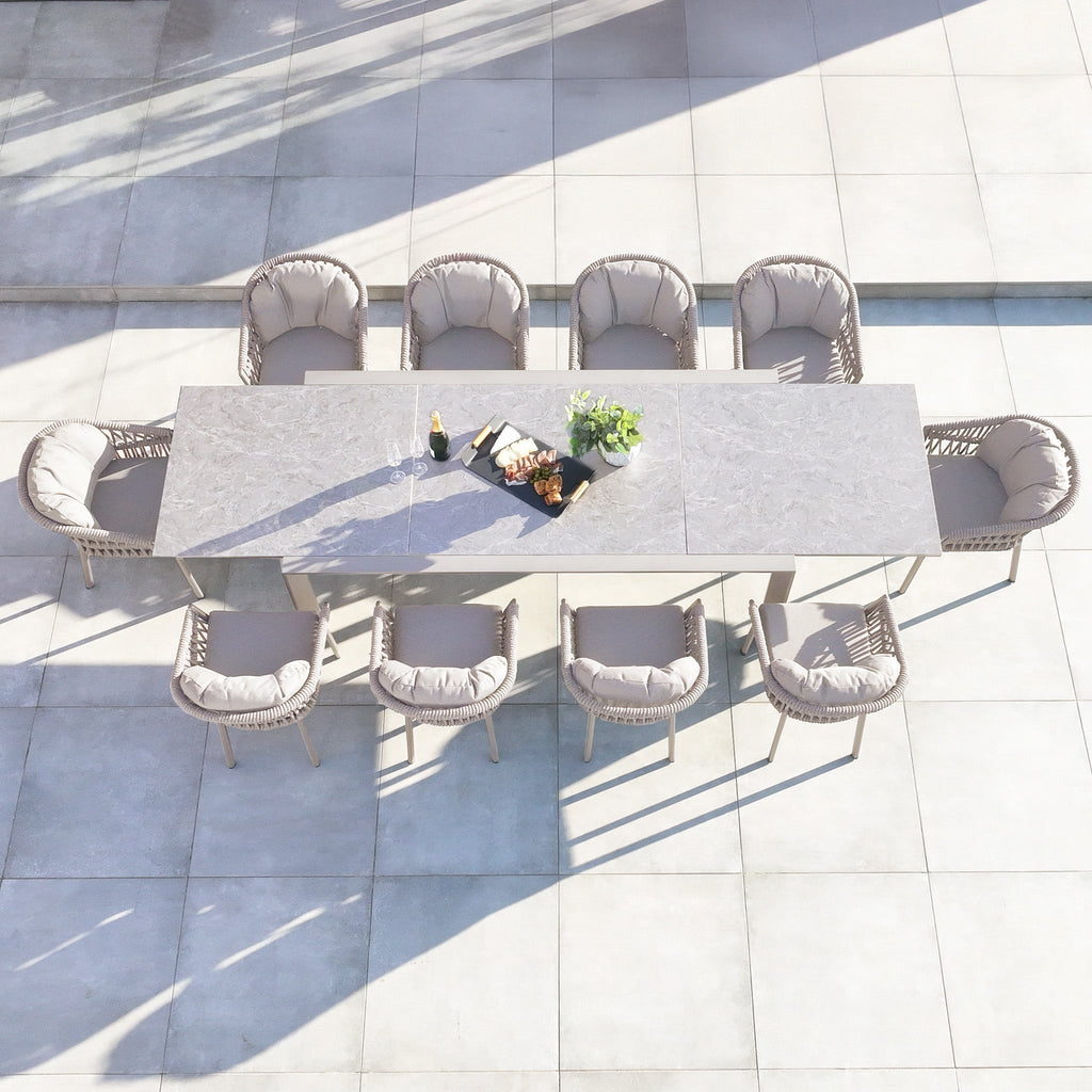 Pello 10 Seat Extending Dining Set with Ceramic Table in Fawn