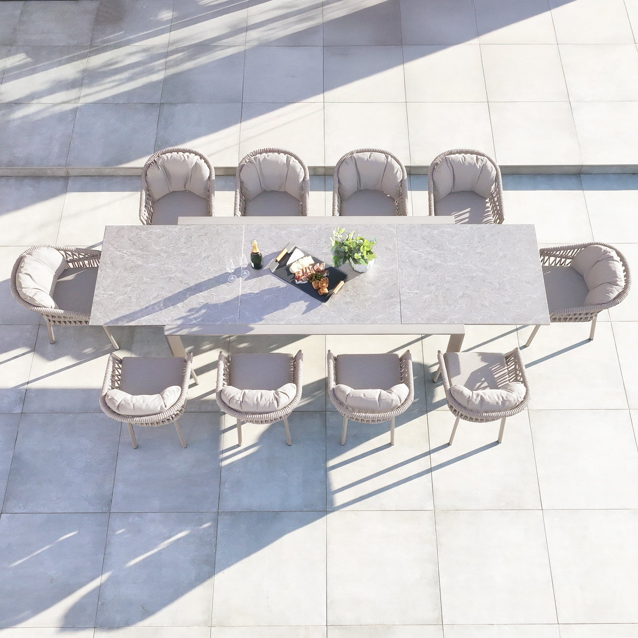 Pello 10 Seat Extending Dining Set with Ceramic Table in Fawn