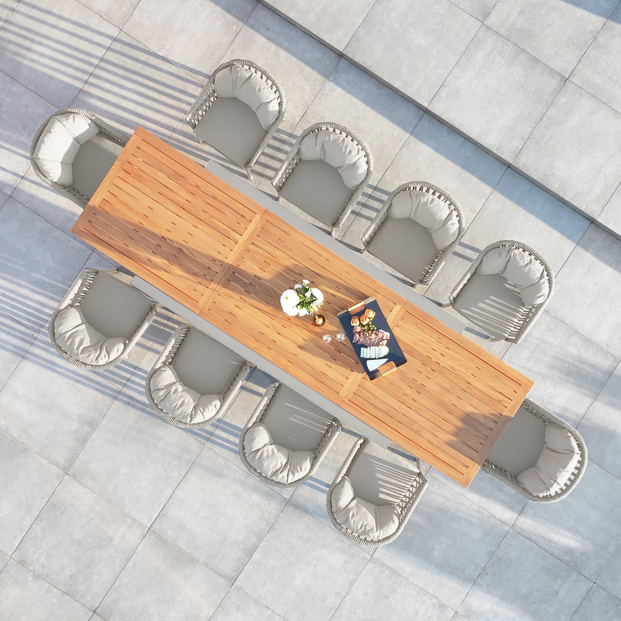 Pello 10 Seat Extending Dining Set with Teak Table in Fawn