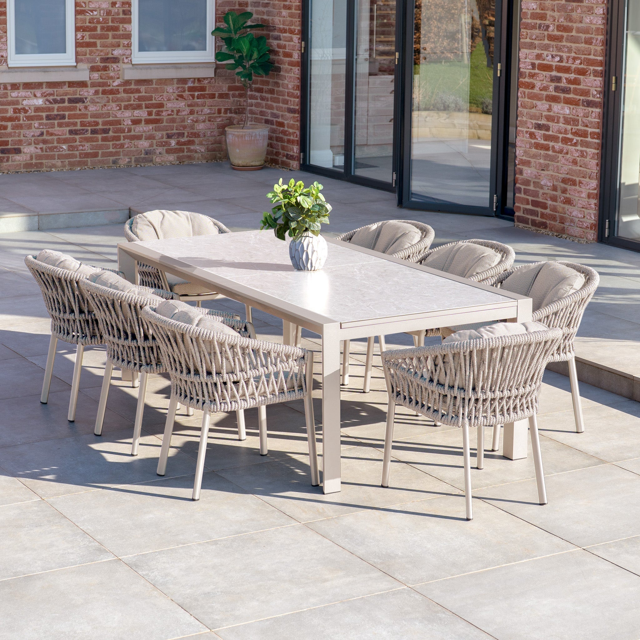 Pello 8 Seat Extending Dining Set with Ceramic Table in Fawn