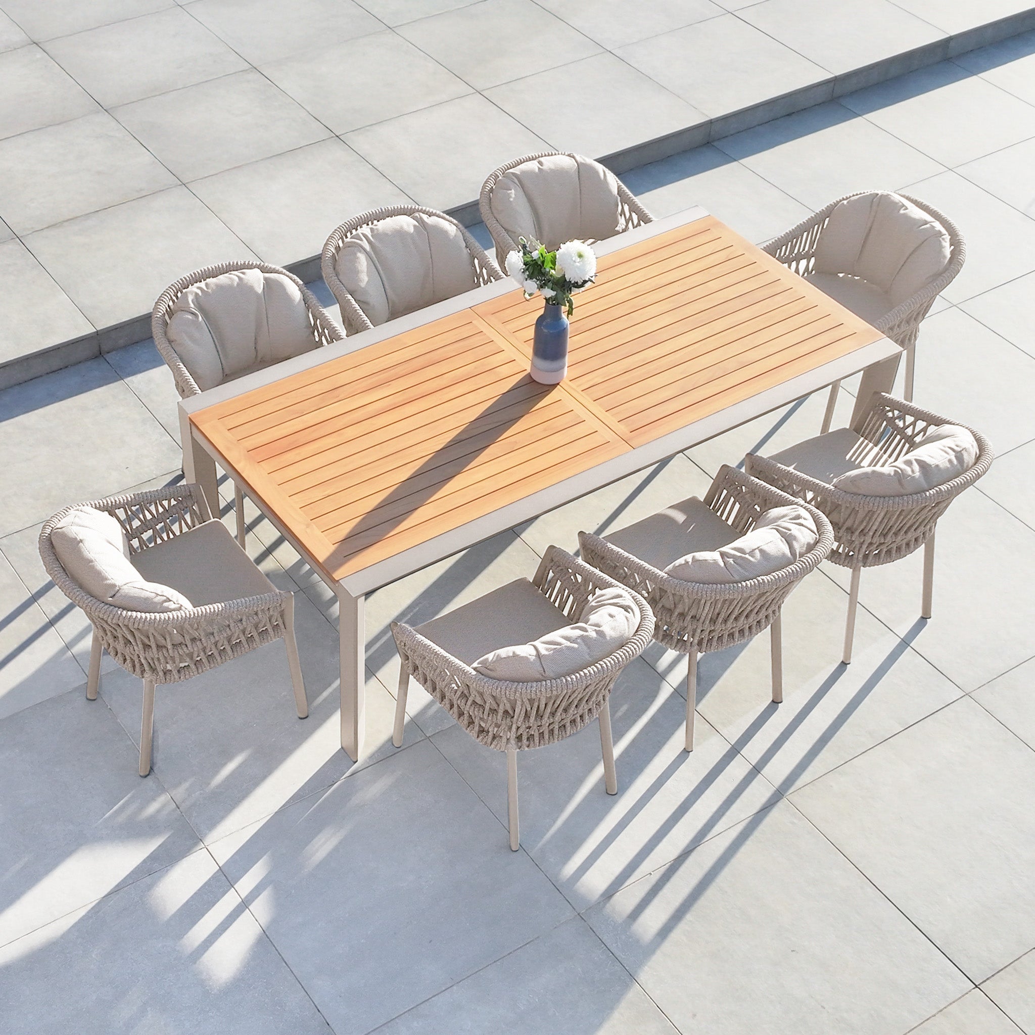 Pello 8 Seat Extending Dining Set with Teak Table in Fawn