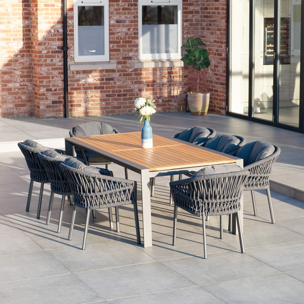 Pello 8 Seat Extending Dining Set with Teak Table in Grey