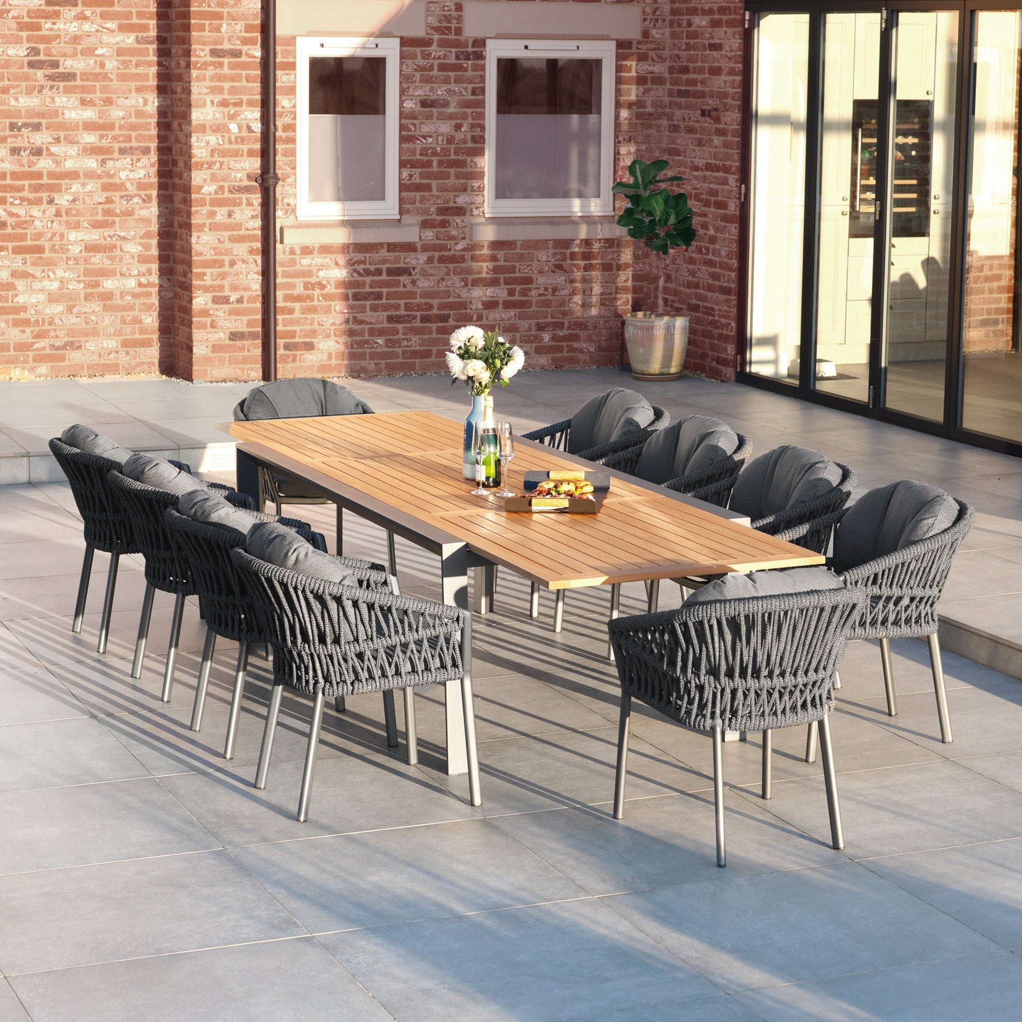 Pello 10 Seat Extending Dining Set with Teak Table in Grey