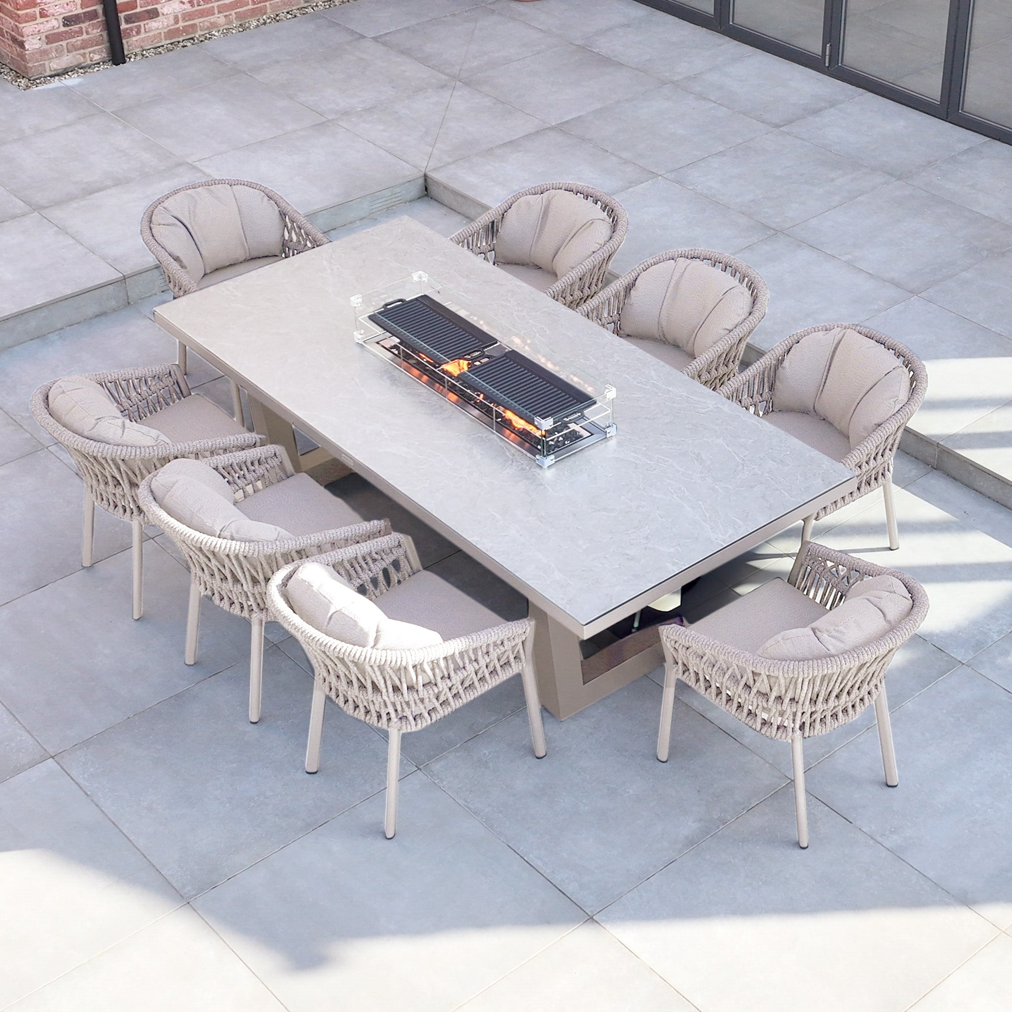 Pello 8 Seat Rectangular Ceramic Firepit Dining Set in Fawn