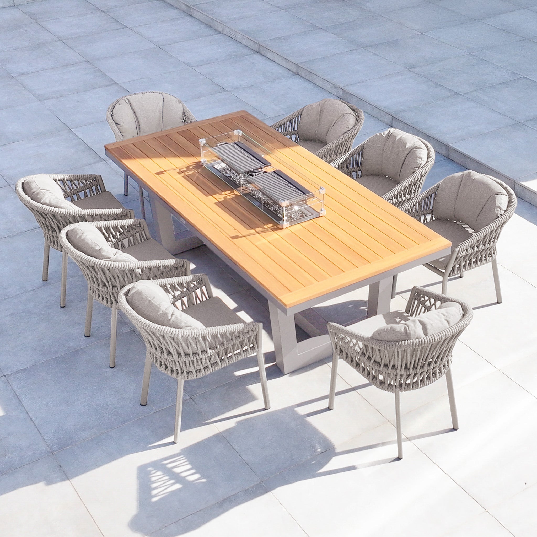 Pello 8 Seat Rectangular Teak Firepit Dining Set in Fawn
