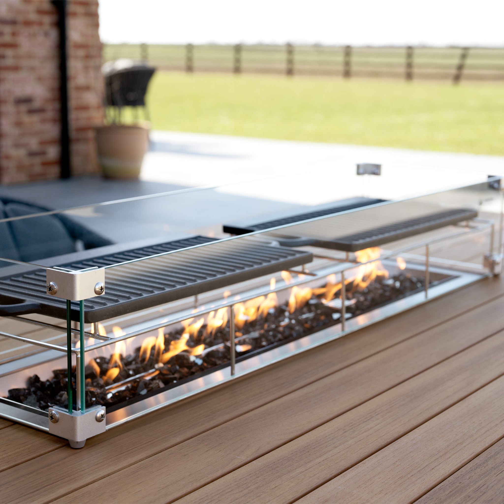 Pello 8 Seat Rectangular Teak Firepit Dining Set in Grey