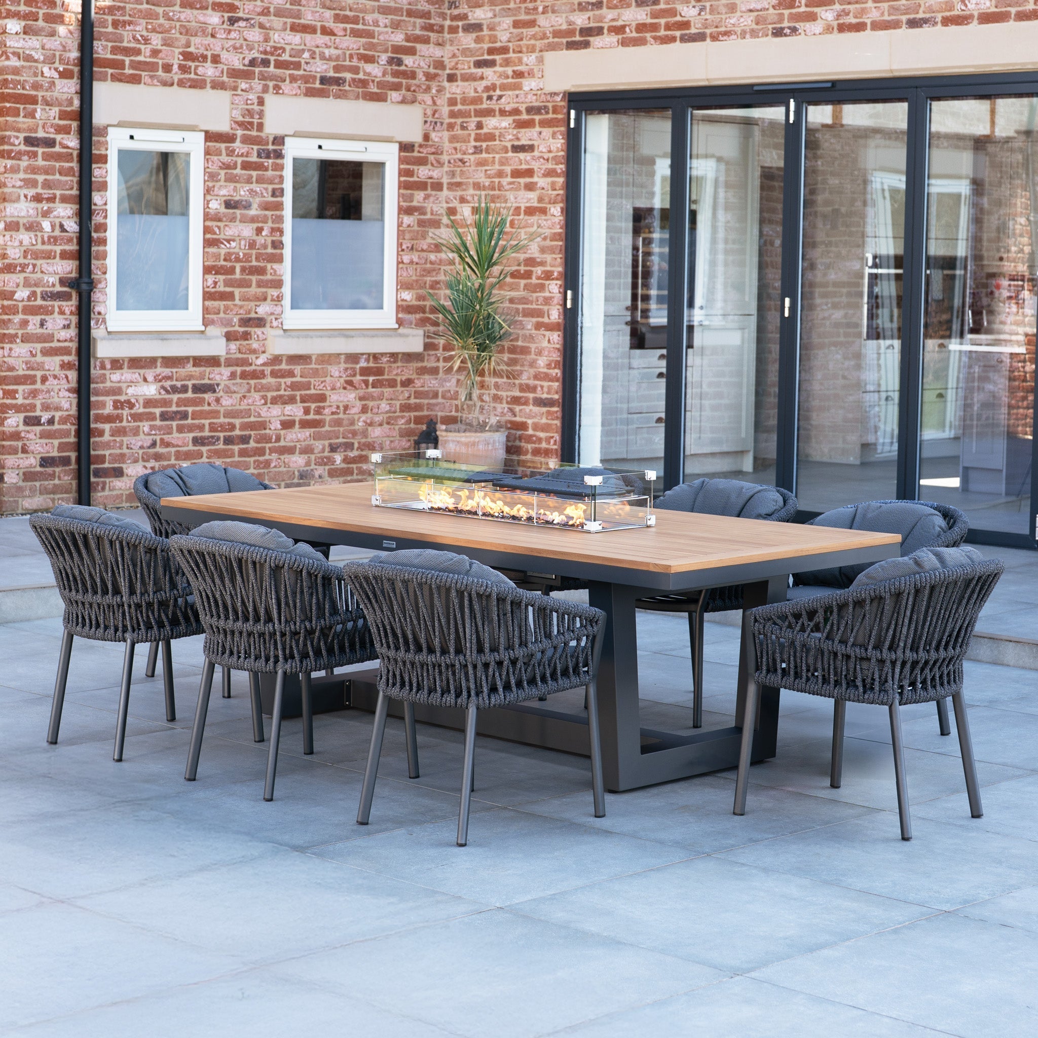 Pello 8 Seat Rectangular Teak Firepit Dining Set in Grey