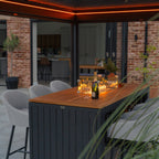 Luna 6 Seat Outdoor Fabric Teak Firepit Bar Set in Oyster Grey