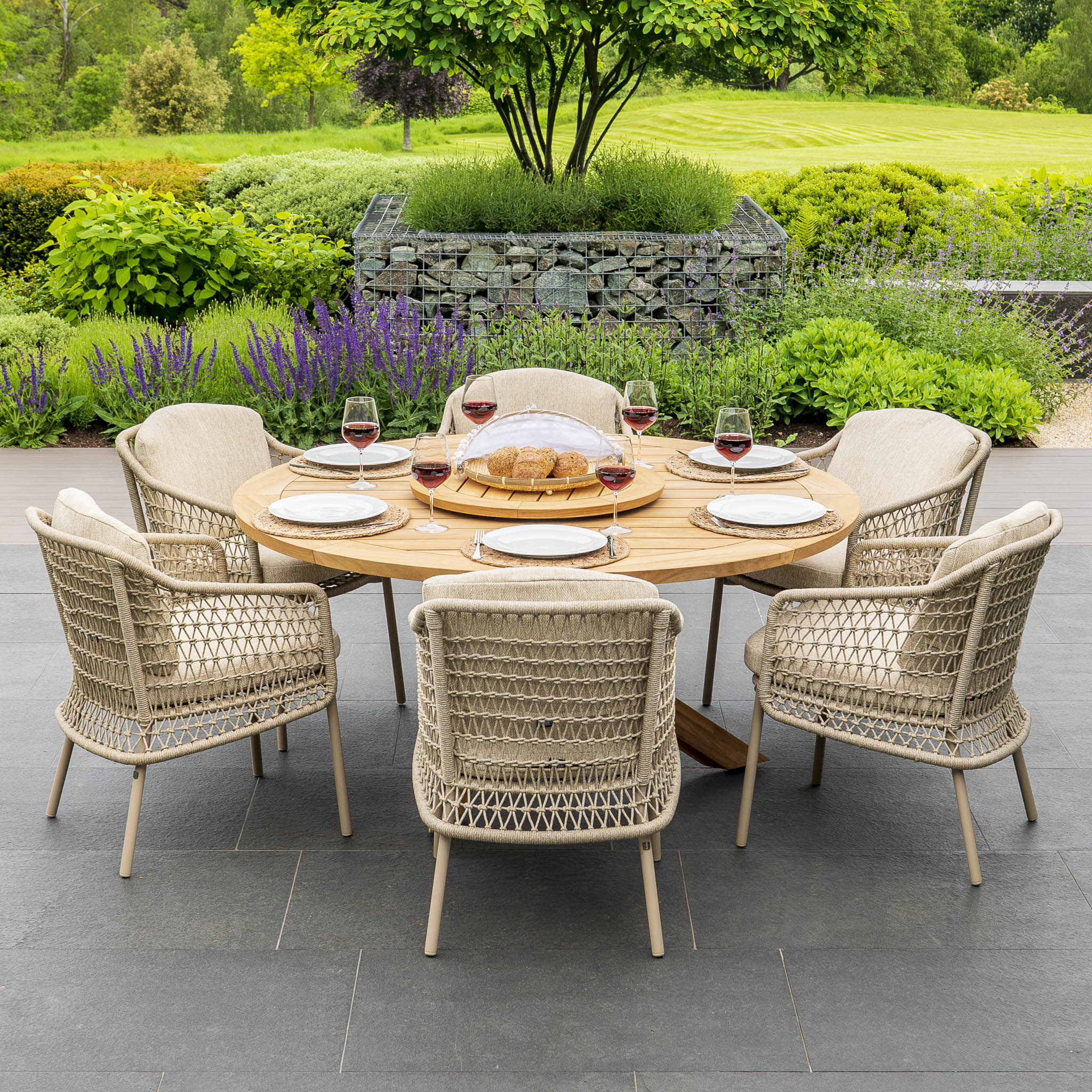 Puccini 6 Seat Round Dining Set with Lazy Susan in Latte
