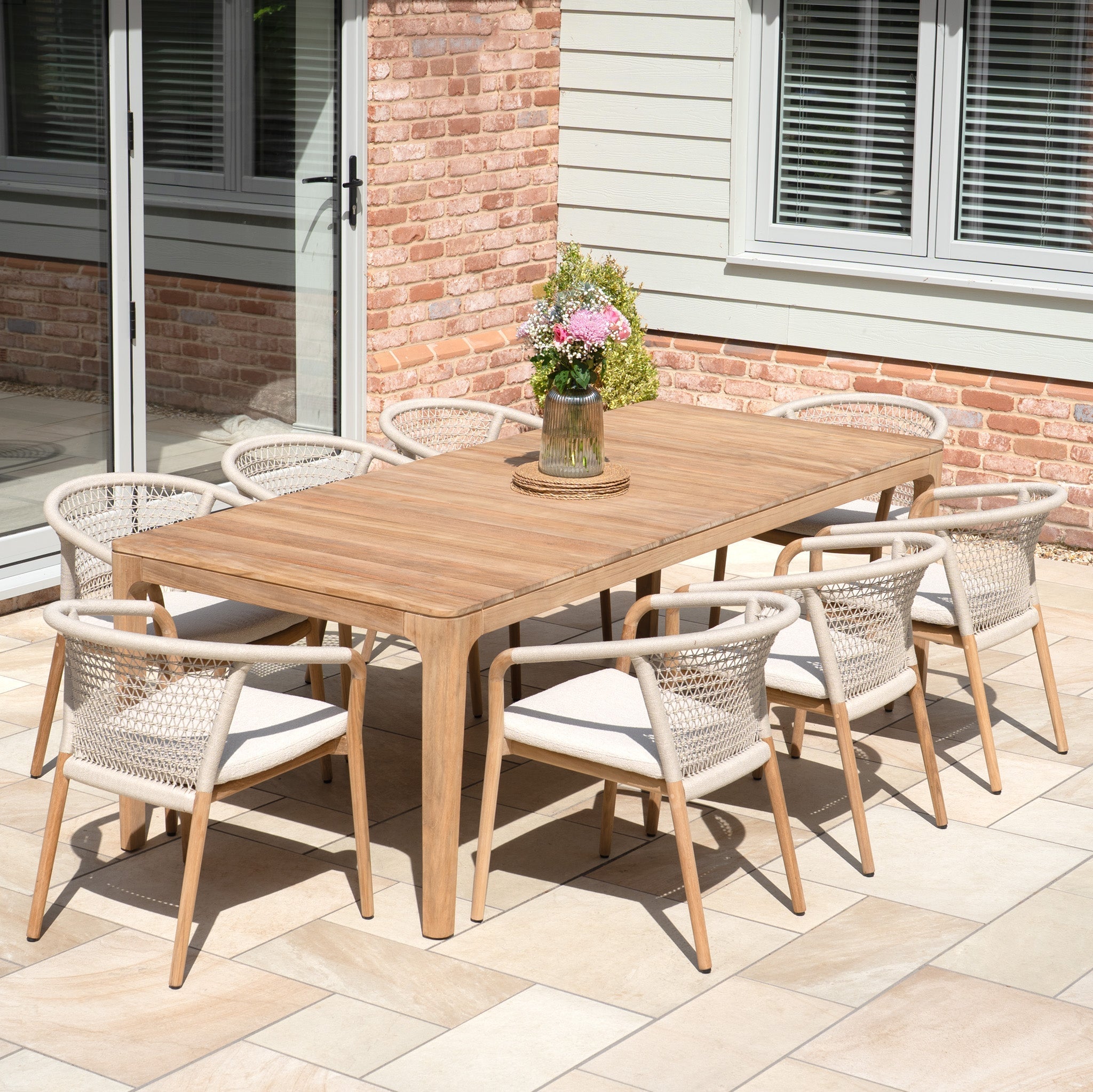 Sora 8 Seat Rope Dining Set with Teak Table in Stone