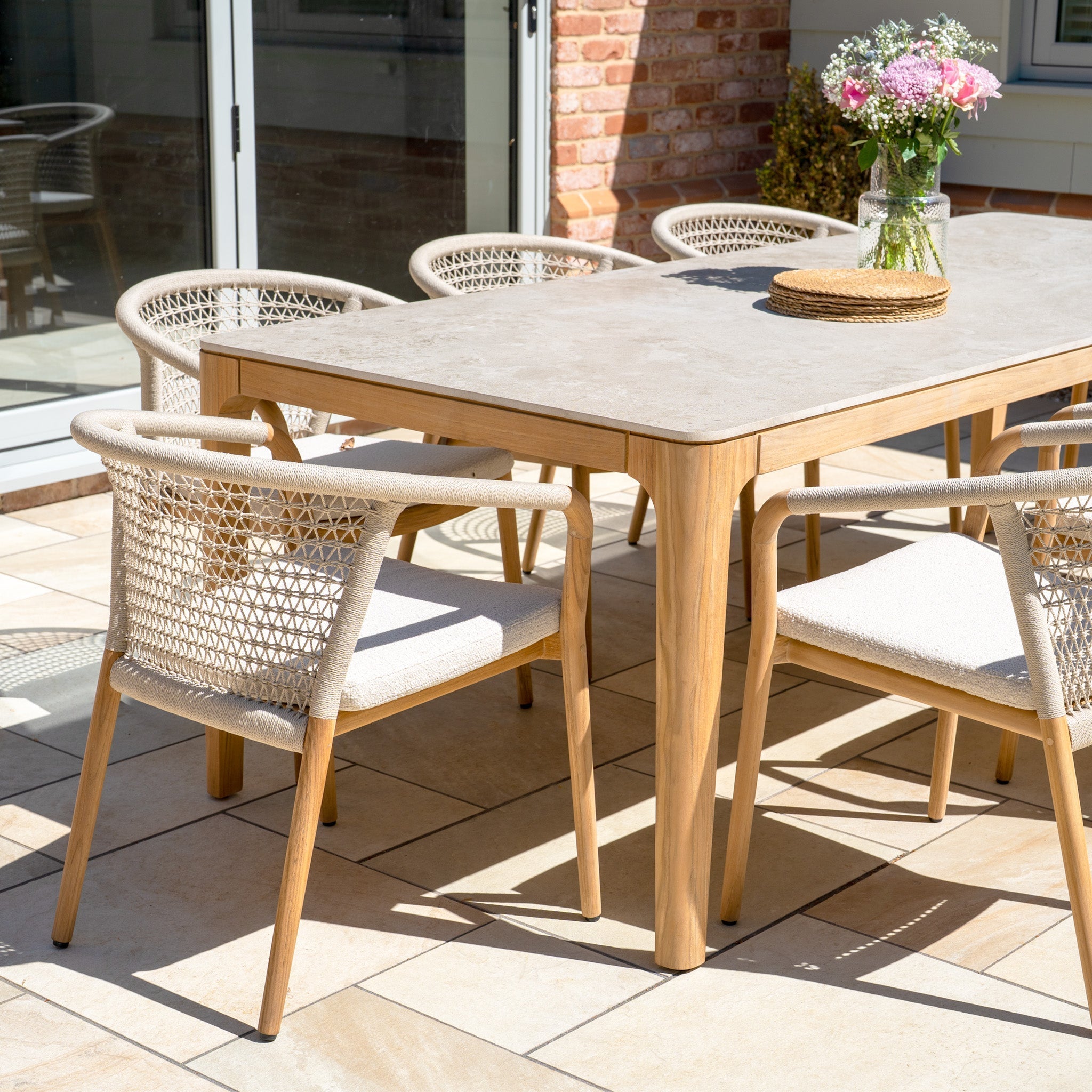 Sora 8 Seat Rope Dining Set with Ceramic Top Table in Stone