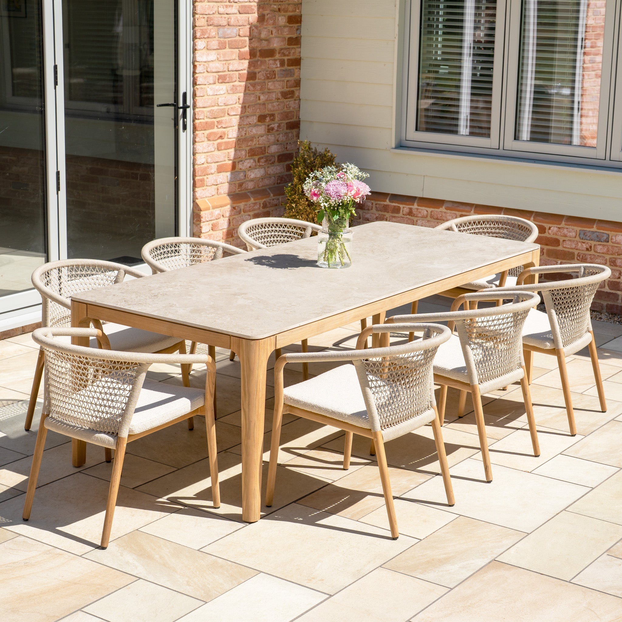 Sora 8 Seat Rope Dining Set with Ceramic Top Table in Stone