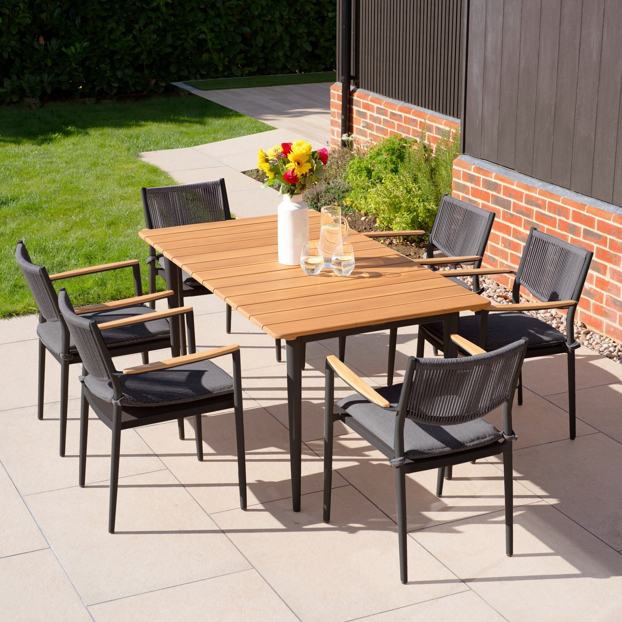 Tellaro 6 Seat Rectangular Dining Set with Teak Table in Charcoal