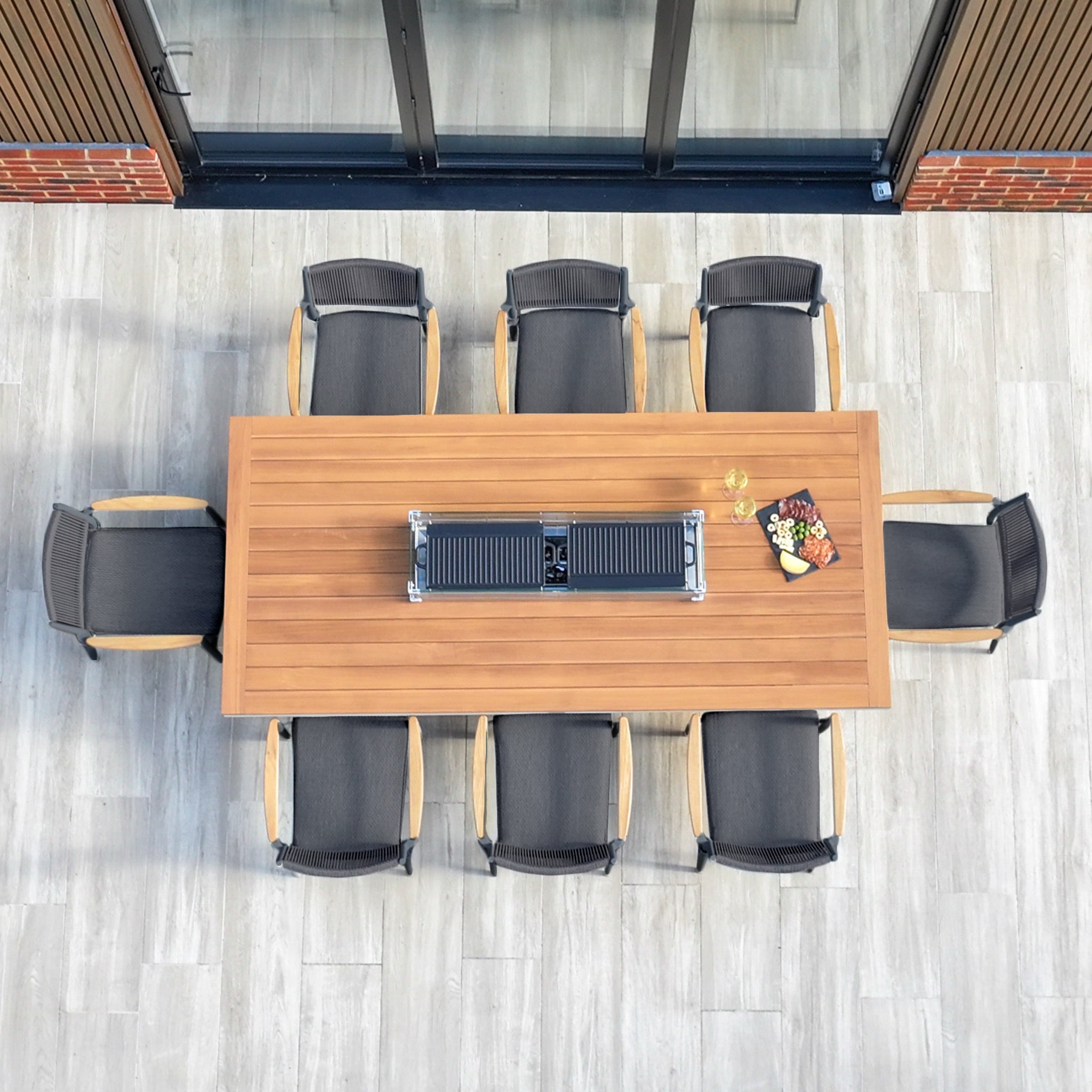 Tellaro 8 Seat Rectangular Teak Firepit Dining Set in Charcoal