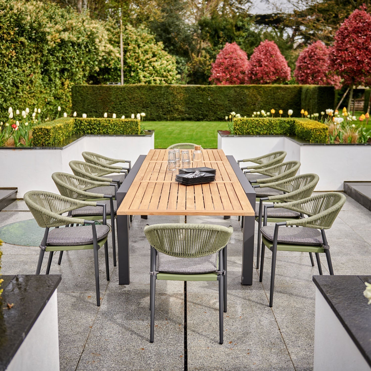 Cloverly 10 Seat Rectangular Extending Dining Set with Teak Table in Olive Green