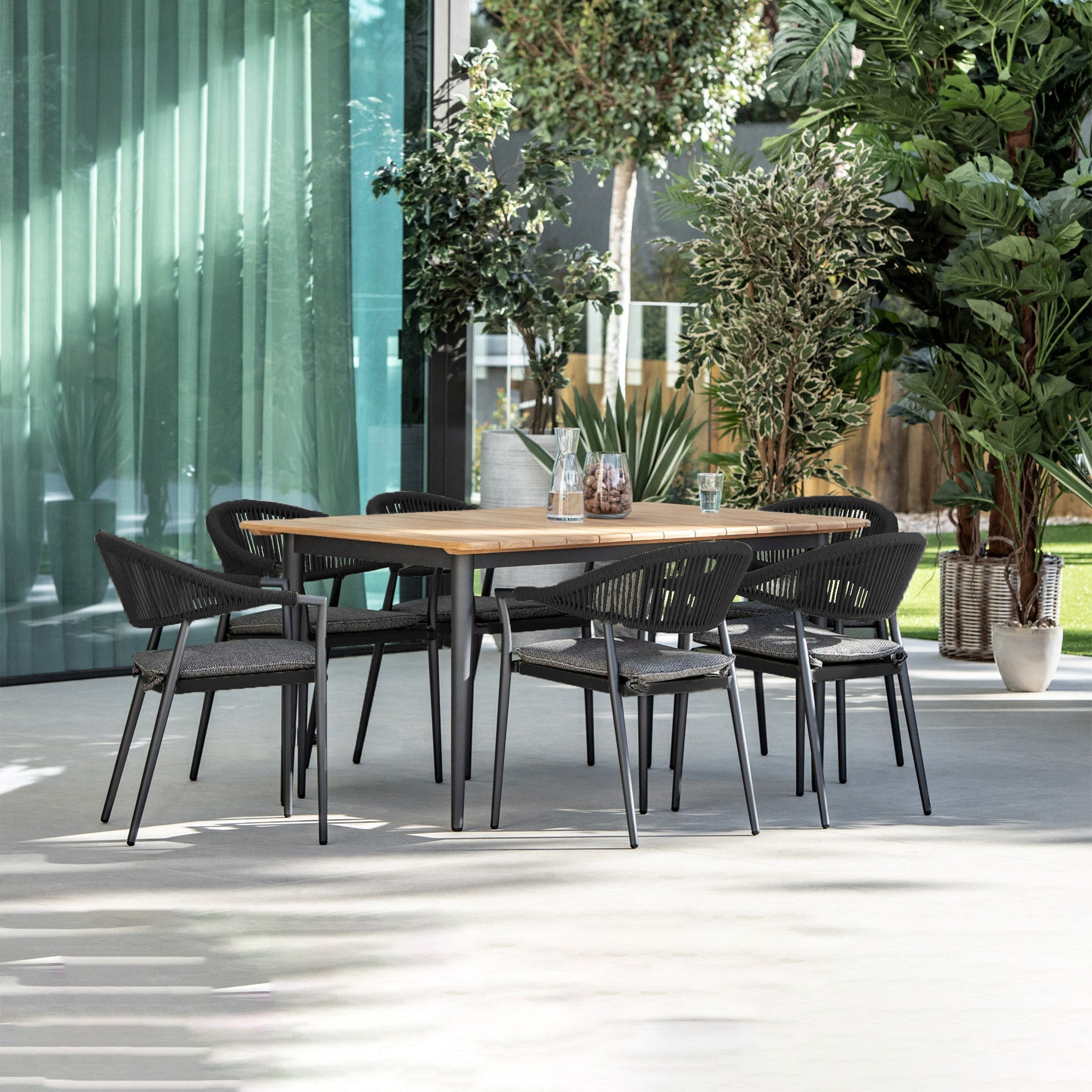 Cloverly 6 Seat Rectangular Dining with Teak Table in Charcoal
