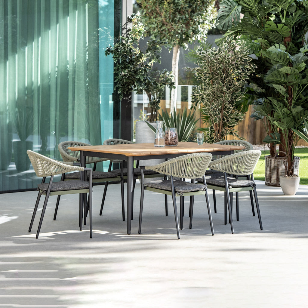 Cloverly 6 Seat Rectangular Dining with Teak Table in Olive Green