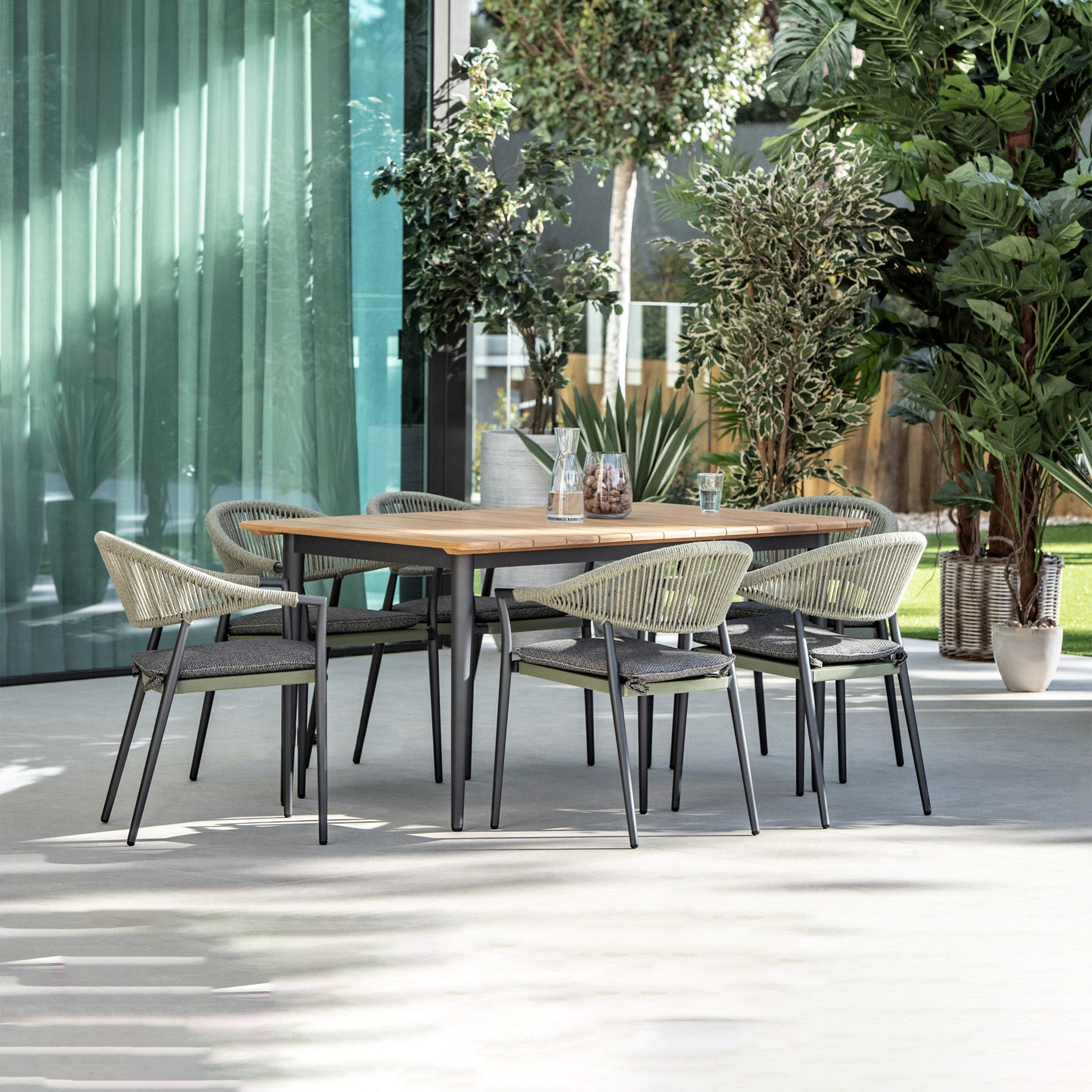 Cloverly 6 Seat Rectangular Dining with Teak Table in Olive Green