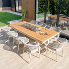 Kalama 8 Seat Rectangular Teak Firepit Dining Set in Latte