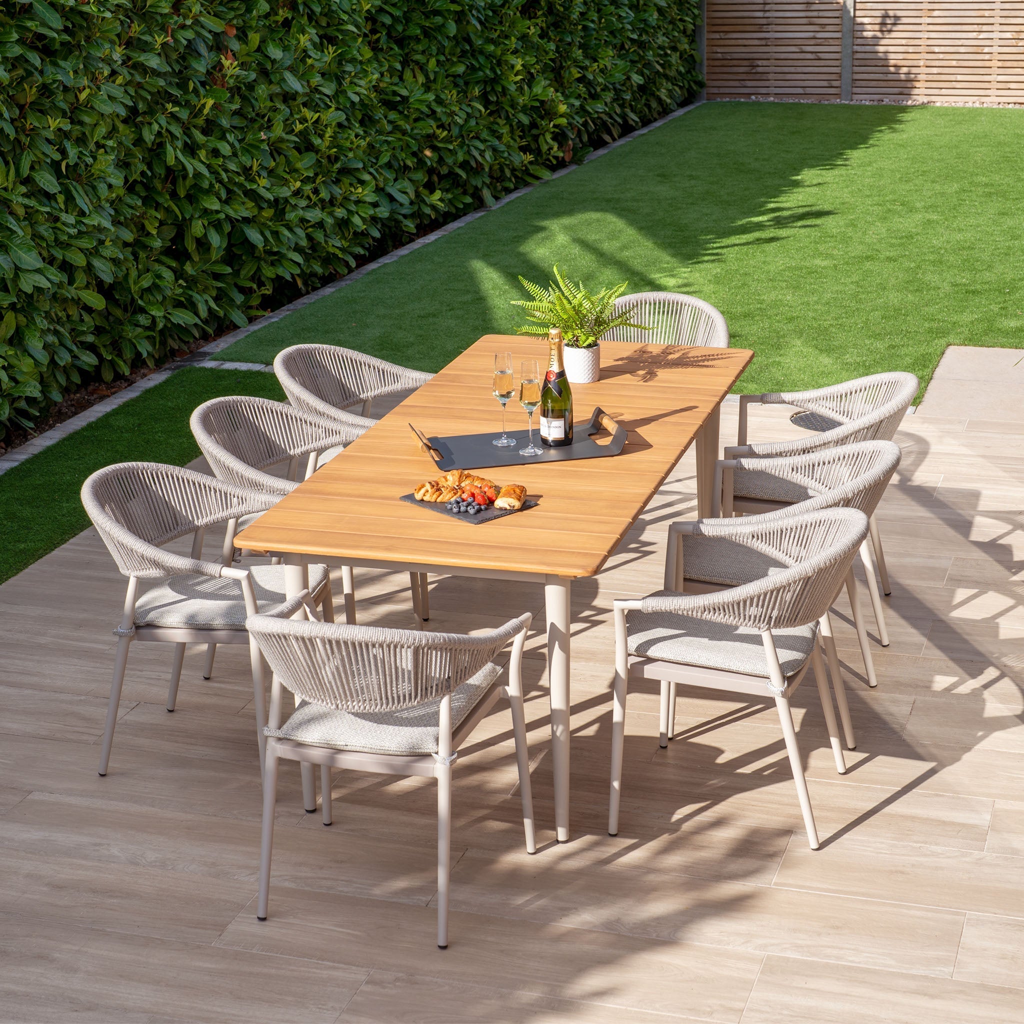 Cloverly 8 Seat Rectangular Dining with Teak Table in Latte
