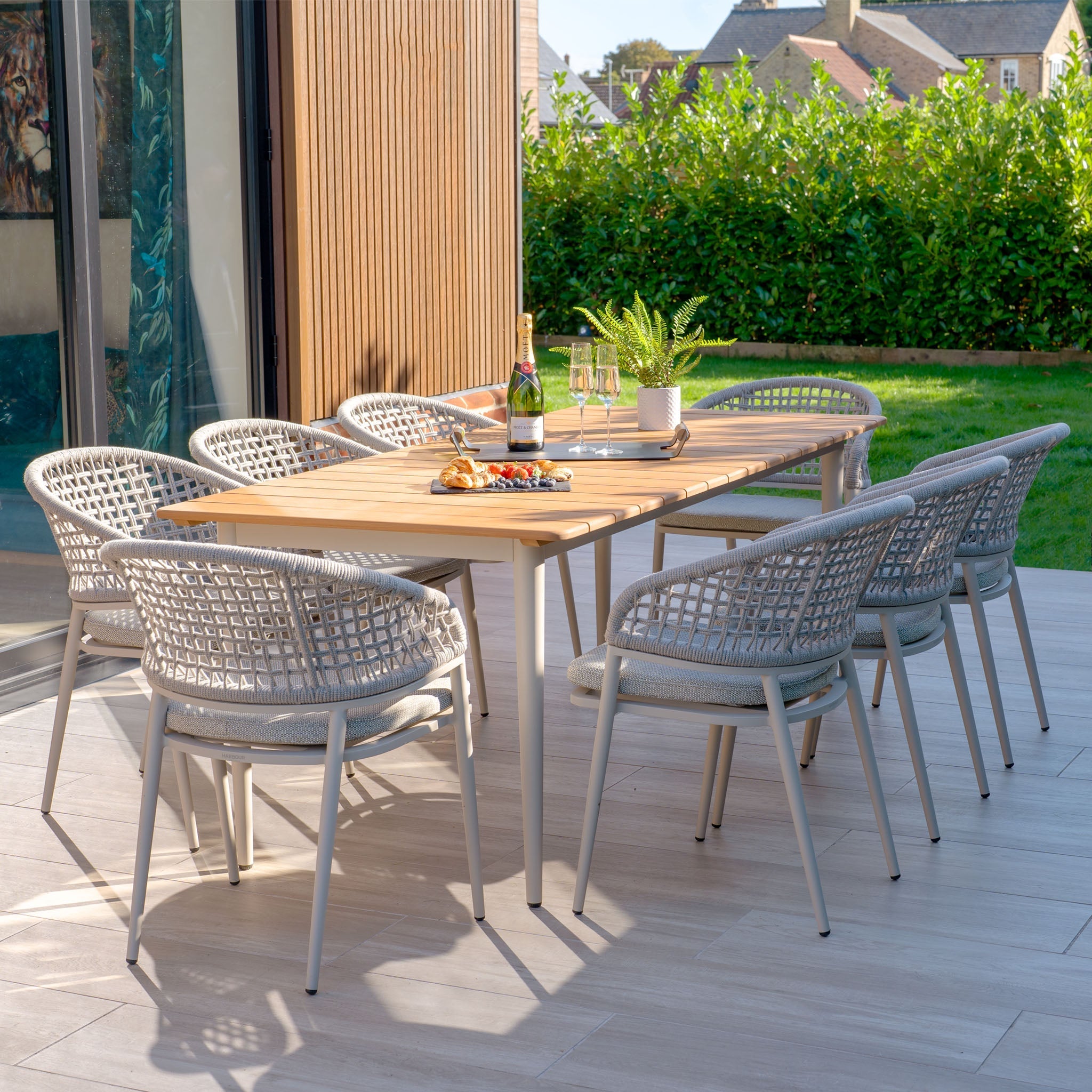 Kalama 8 Seat Rectangular Dining Set with Teak Table in Latte