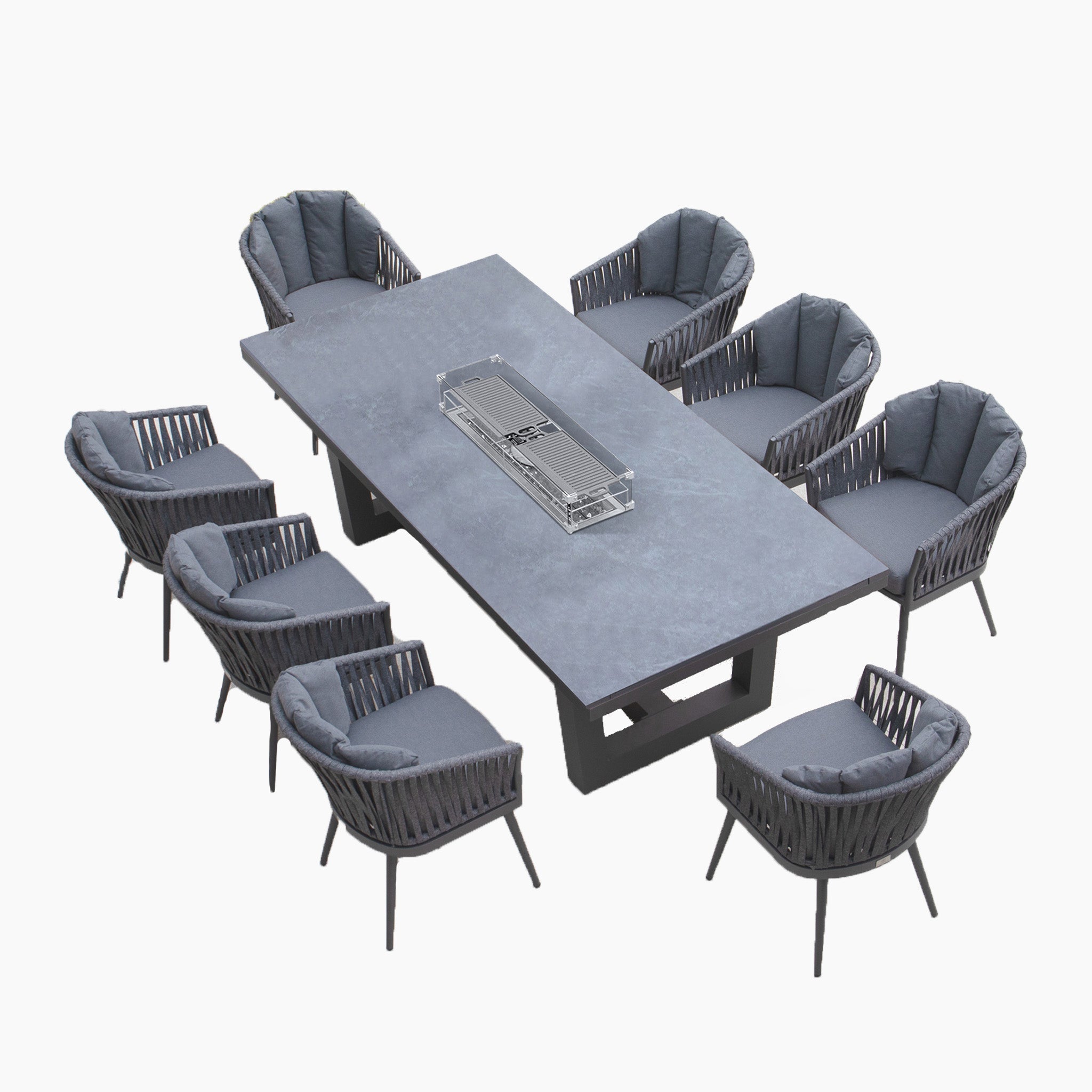 Monterrey 8 Seat Rope Rectangular Ceramic Firepit Dining Set in Grey